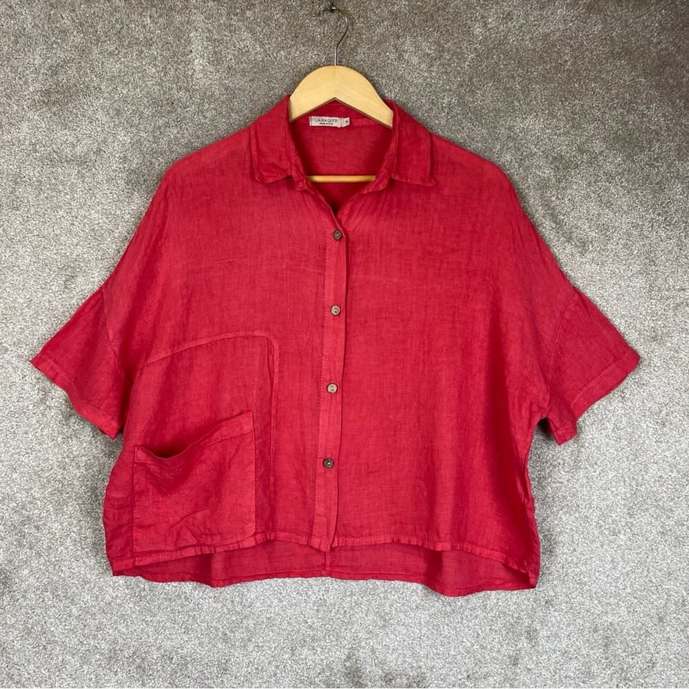 Laura Gotti Shirt Womens Small Pink Linen Short Sleeve Button Front- 4086